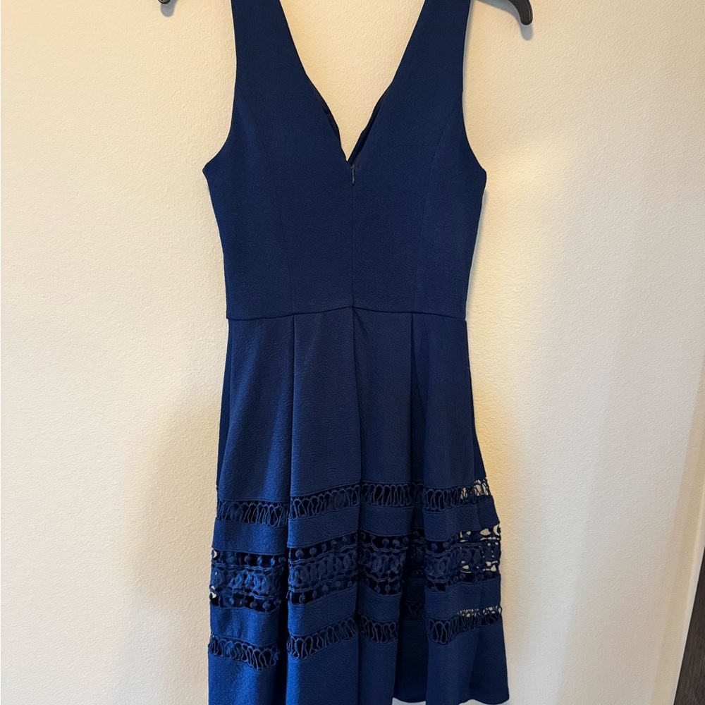 Annabella Navy V-Neck A-Line Dress with Lace Insets